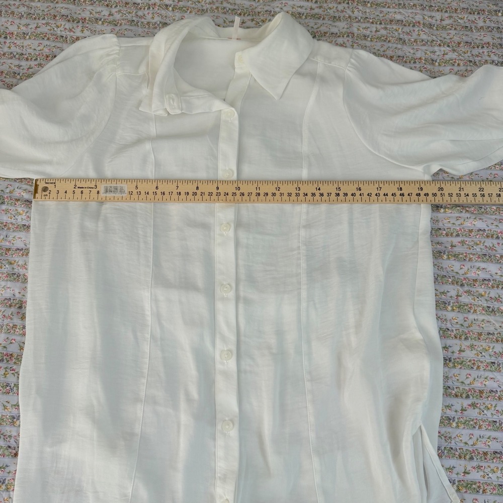 Free People White Silky Long Sleeve Button Down Blouse Textured Seam Detail XS - Picture 8 of 9